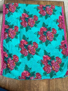 aerie Teal Floral Scarf with Pink Pom Trim